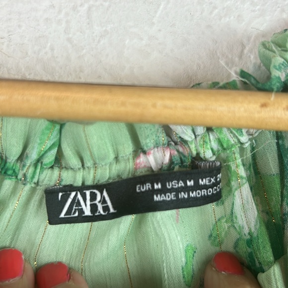 Zara floral metallic gold detail sheer button tie blouse M - Picture 4 of 11